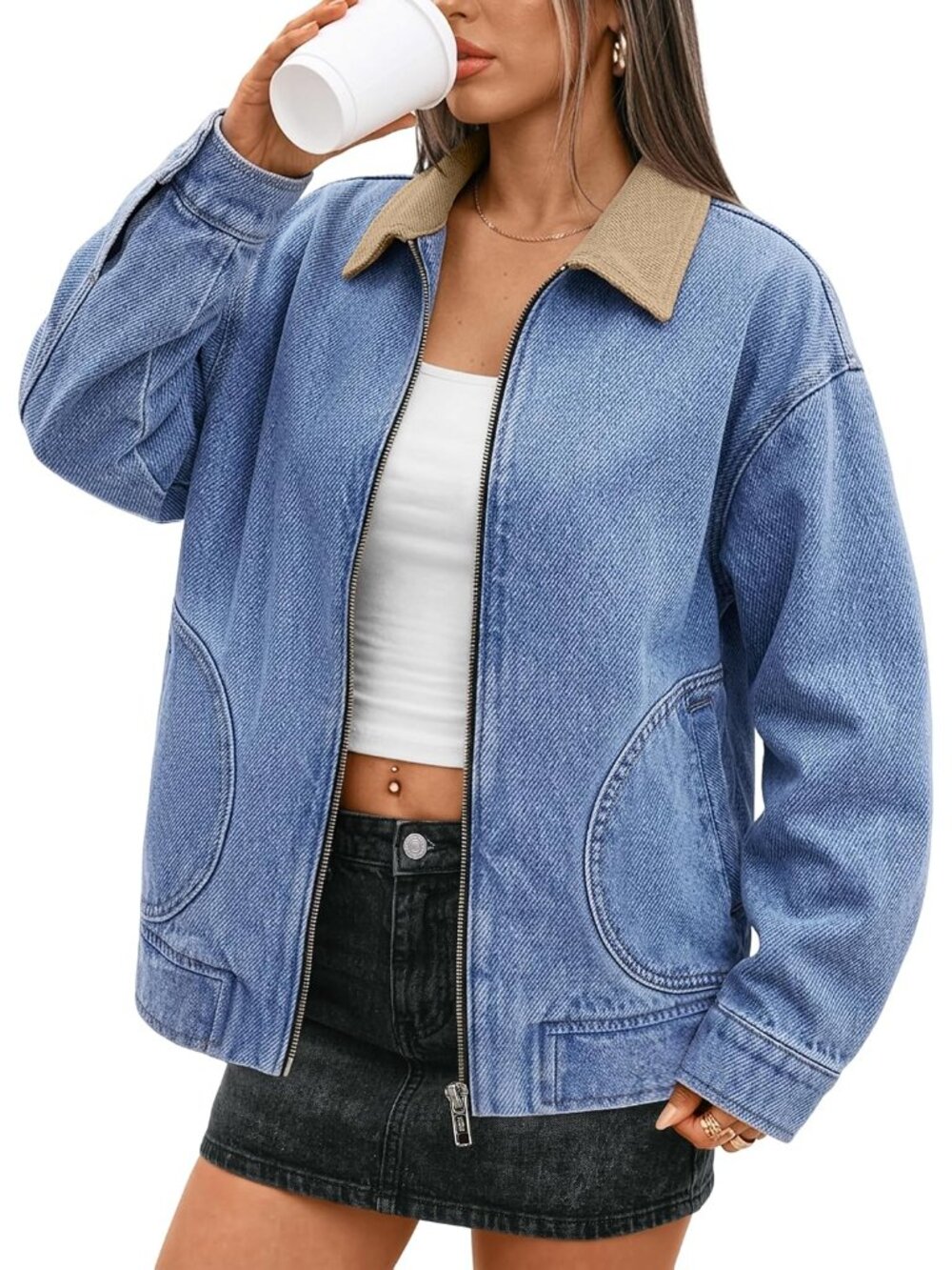 Womens Oversized Jean Jacket Denim Barn Jacket Corduroy Collar